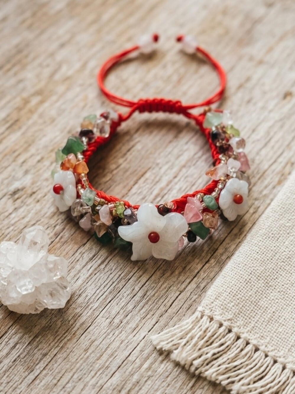 Carved Jade MOP Flower Amethyst Topaz Pebble Knotted Red Cord Bracelet